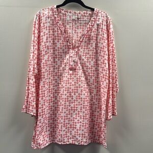 Persifor Cotton Tunic Top/Coverup Coral & White V-Neck Sz Large Resortwear Beach